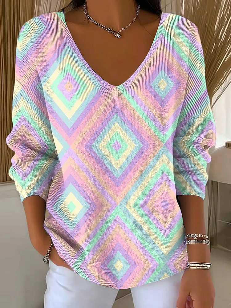Women's Colorful Diamond Geometric Painting Art Print Casual Pullover Sweater