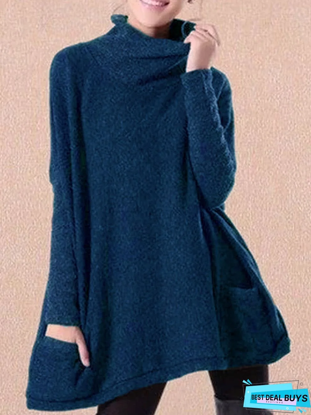 Black Patchwork Turtleneck Casual Sweater