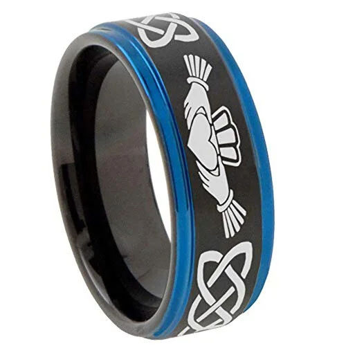 Men's or Women's Black with Blue Edges Irish Claddagh Tungsten Carbide Embrace Love Heart Wedding Band Rings,Black with Blue Edges Tungsten Laser Etched Celtic Kno with Heart in Hands Ring With Mens And Womens For 4MM 6MM 8MM 10MM