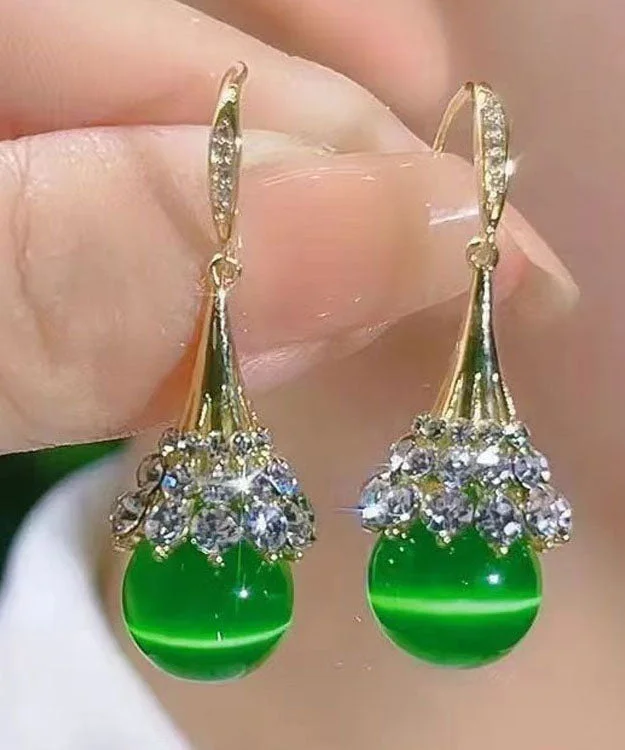 Unique Green Sterling Silver Overgild Zircon Pearl Cat's Eye Drop Earrings