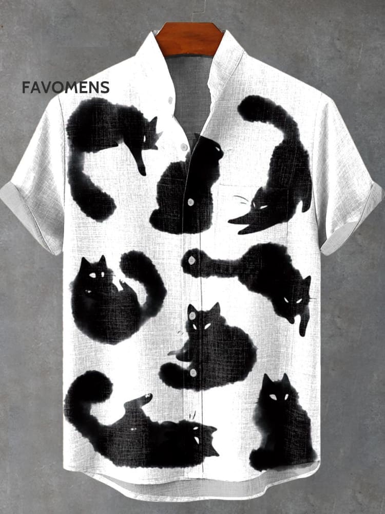Cute Stretch Your Waist Black Cat Vintage Print Casual 100% Cotton Shirt Multicolor / S