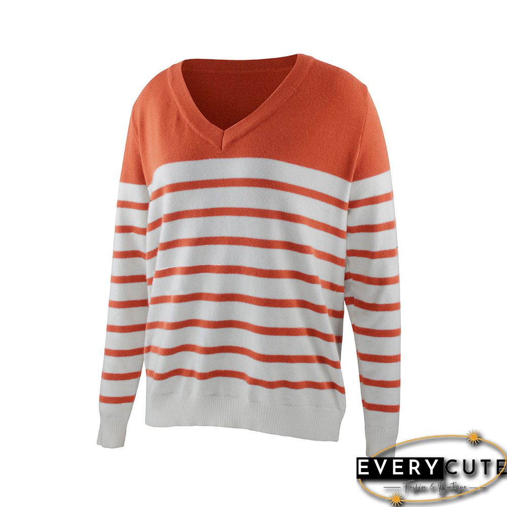 Orange Splice Stripe Print V Neck Sweater