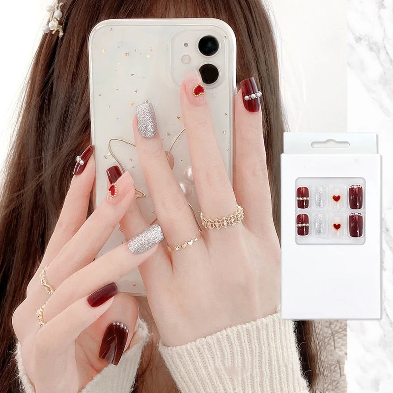 false nails with designs acrylic for nail Imitation Pearl Lace Bowknot press on nails Charming Pre Design fake nails with glue-Nail Inspo