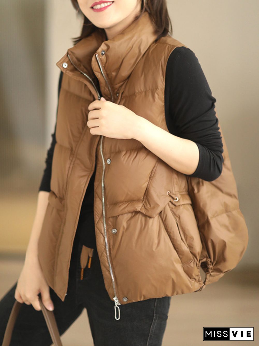Original Creation Loose Sleeveless Solid Color Zipper High-Neck Vest Outerwear
