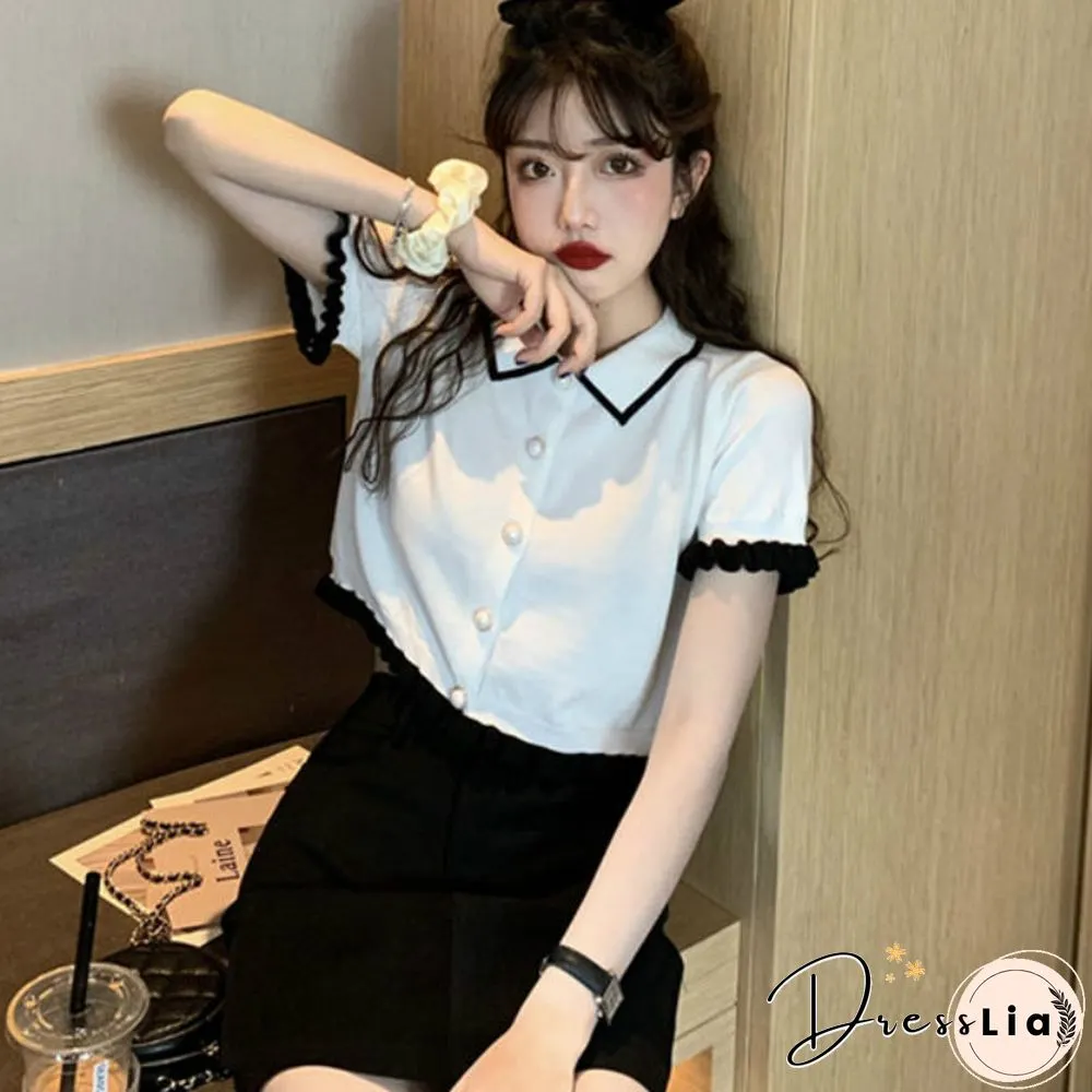 T-Shirt Women Retro Patchwork Lovely New Knitting Cropped Preppy Stylish Hot Sale Cozy
