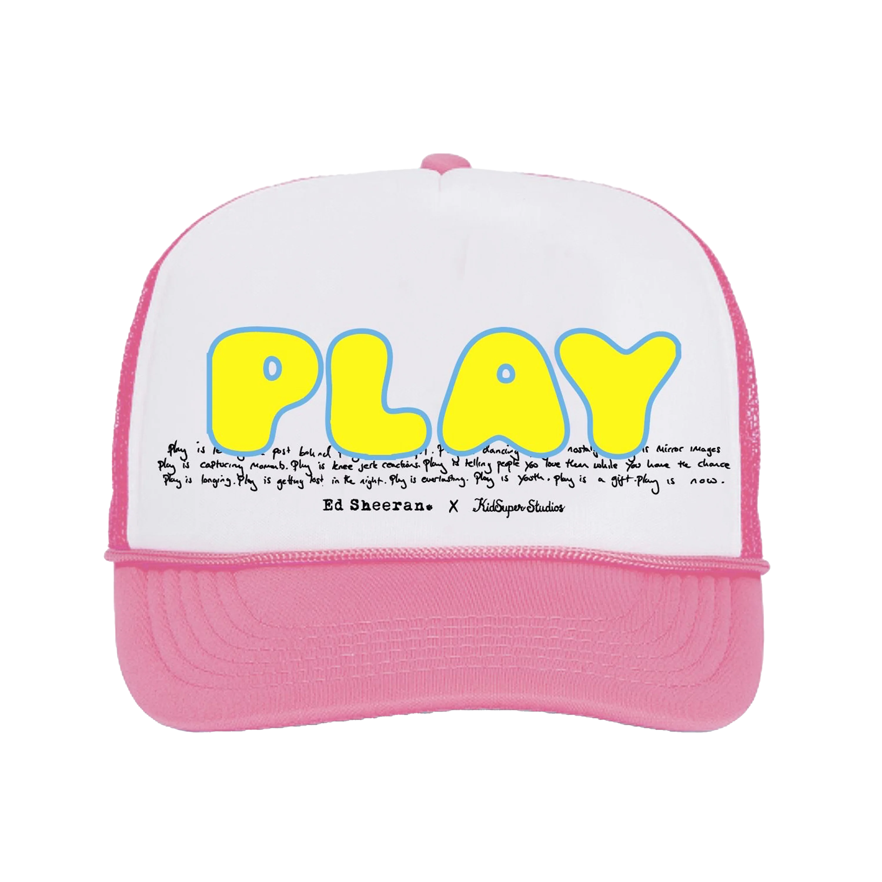 "ed sheeran pink play trucker hat graphic front"
