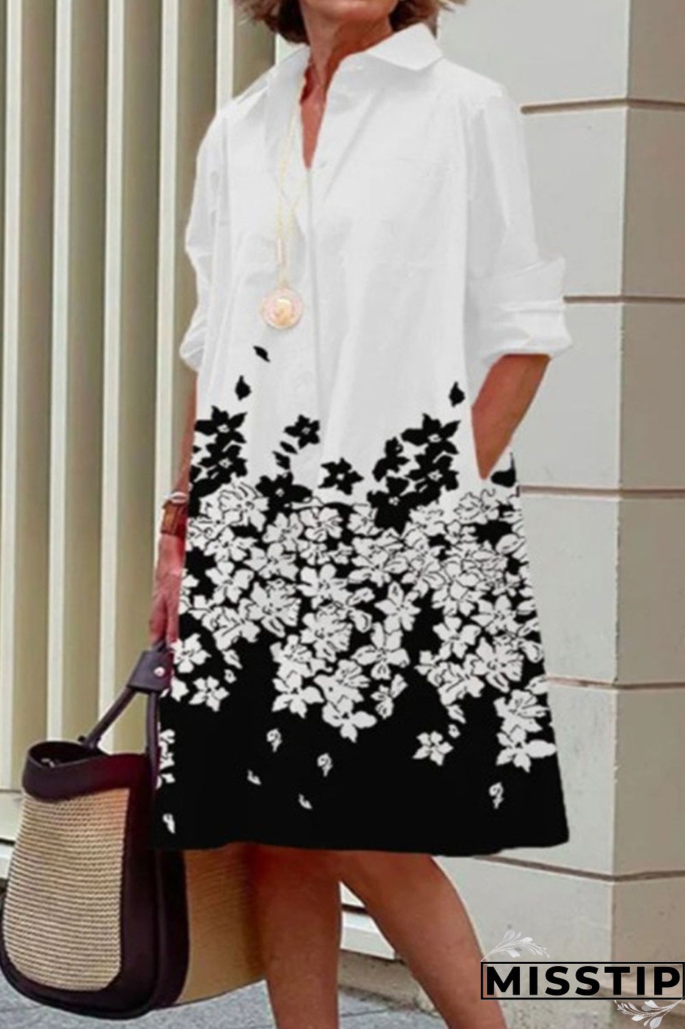 Black Casual Print Polka Dot Patchwork Buckle Turndown Collar Shirt Dress Dresses