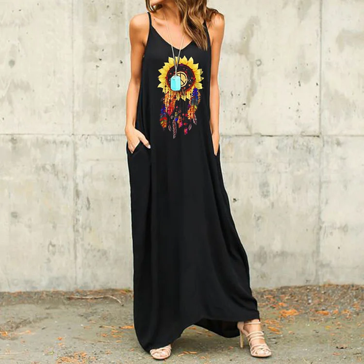 Casual Sunflower Print Sleeveless Maxi Dress