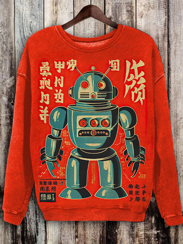 Women's Retro Robot Japanese Art Print Casual Sweatshirt