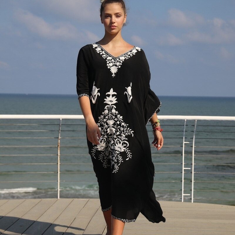 LANFUBEISI White Maxi Dress Swimsuit Cover Up 2022 V Neck Gold Embroidery Long Dress Robe Plage Kaftan Sarong Beachwear Pareo Cover-up LANFUBEISI