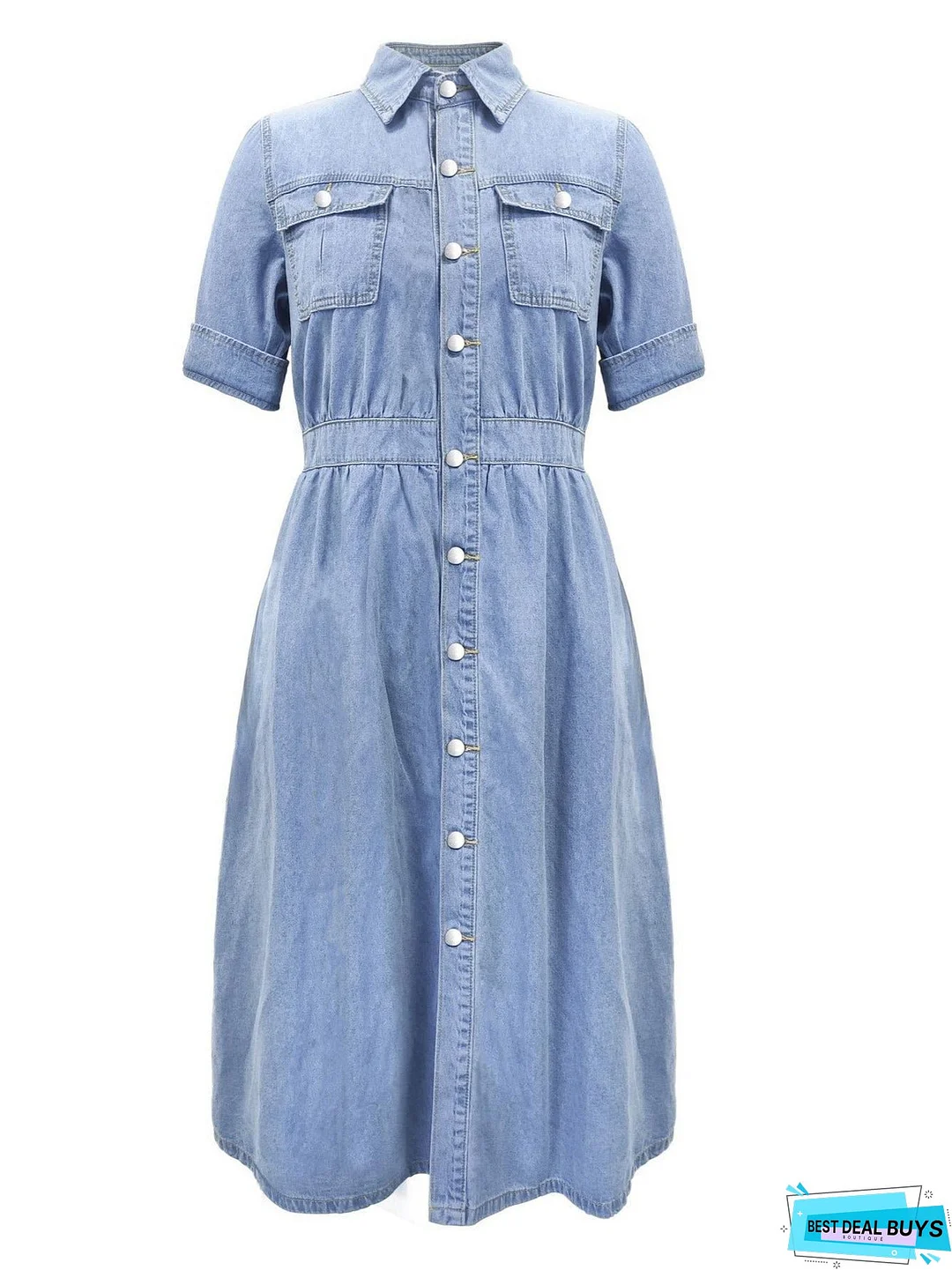 A-Line Flap Pockets Denim Dress, Rolled Sleeve Button Up V Neck Dress, Casual Lapel Denim Long Dress, Women's Denim Dress & Clothing