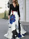 Fashion V-Neck Long Sleeve Contrast Color Floral Print Casual Maxi Dress