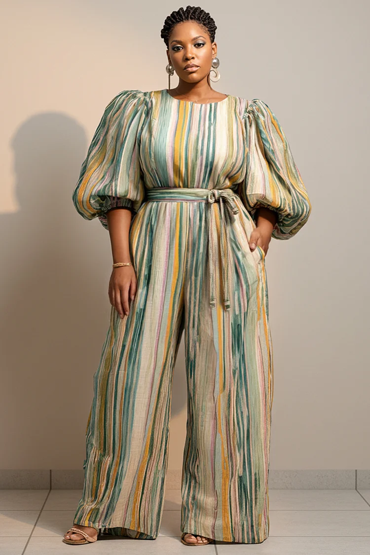 Xpluswear Design Plus Size Daily Sage Green Striped Round Neck Lantern Sleeve Half Sleeve Pocket Wide Leg Linen Jumpsuits [Pre-Order] 2024 - Xpluswear