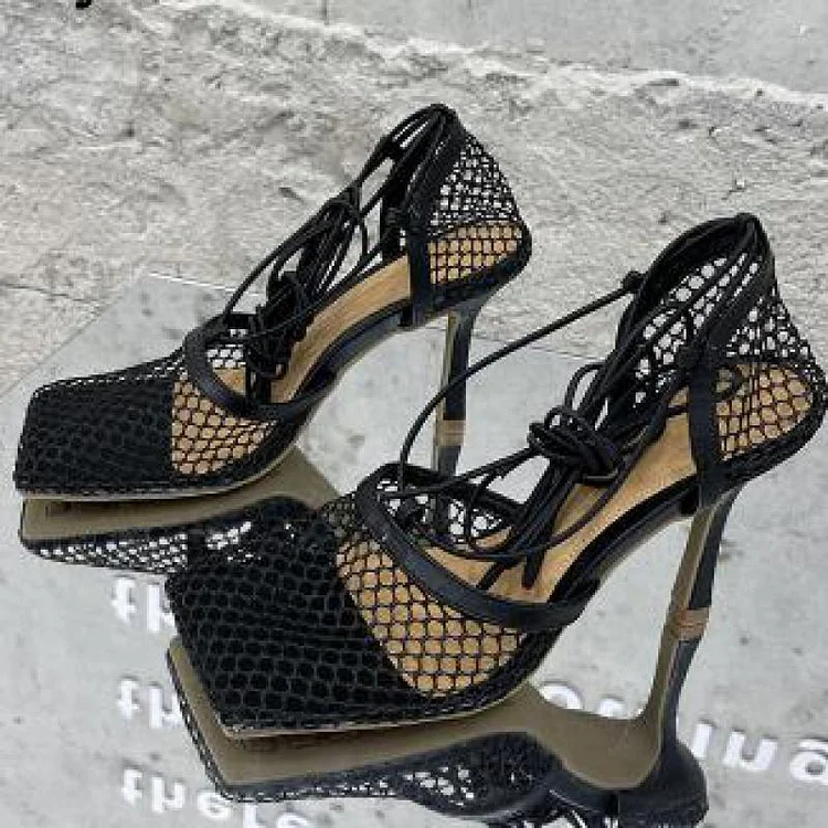 2022 New Sexy Yellow Mesh Pumps Sandals Female Square Toe High Heel Lace Up Cross Tied Stiletto Hollow Dress Shoes Ytmtloy