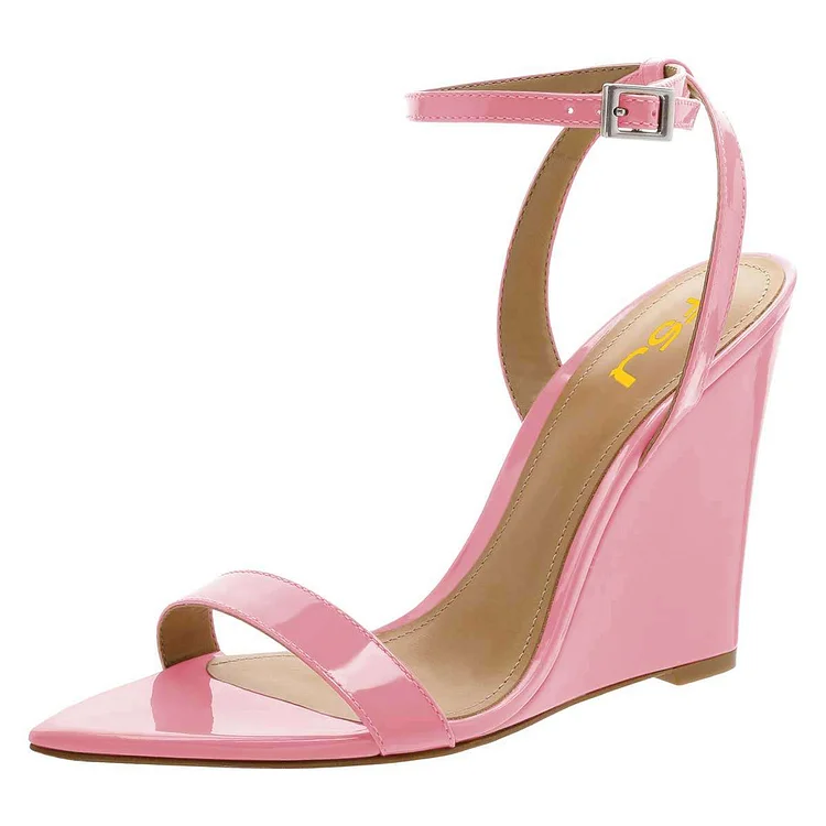 Pink Wedge Heels Patent Leather Ankle Strap Sandals |FSJ Shoes