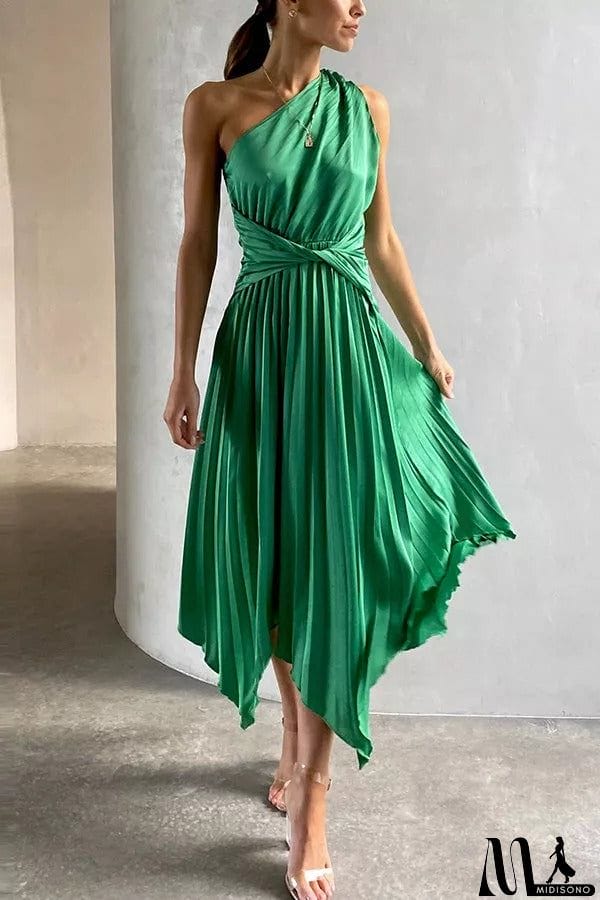 MidiSono - Satin One Shoulder Pleated Midi Dress