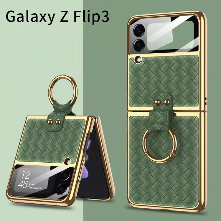Fashion Weave PU Leather Luxury Plating Phone Case with Ring Bracket for Galaxy Z Flip 3 5G