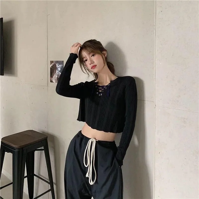 Korean Style Lace Up Knitted Sweater Women Casual Autumn Long Sleeve Bandage Knitwear Ladied Ribbed Crop Top