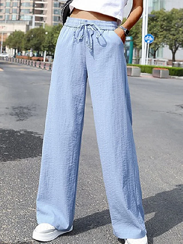 Women's Wide Leg Polyester Plain Blue Fashion High Waist Pant socialshop
