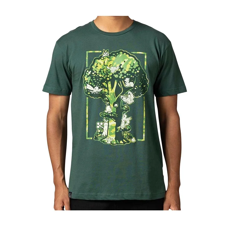 Treehouse Friends Pokémon Nature: Fall Green Relaxed Fit Crew Neck T-Shirt - Adult