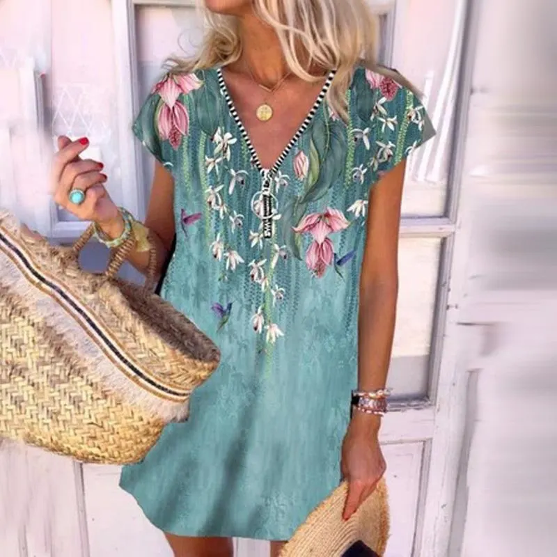 V-Neck Zipper Short Sleeve Dress