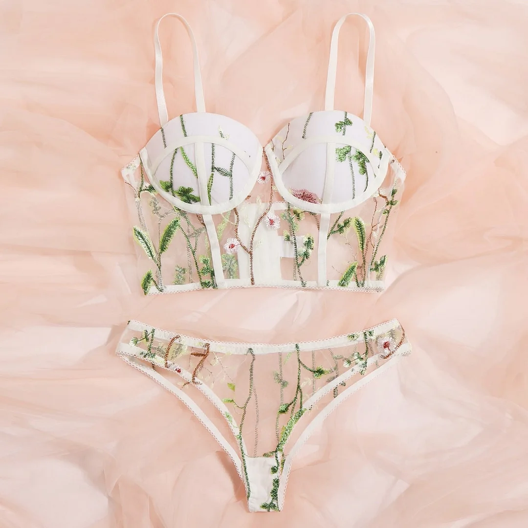 Sexy Perspective Lingerie Women Underwear Set White Floral Embroidery Underwire Bra Brief Set See Through Sensual Lingerie Woman