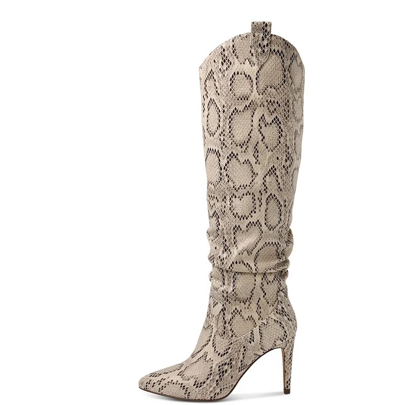 TAAFO Snake Women Knee Long Boots High Thin Heels Pointed Toe Zipper  Ladies Shoes
