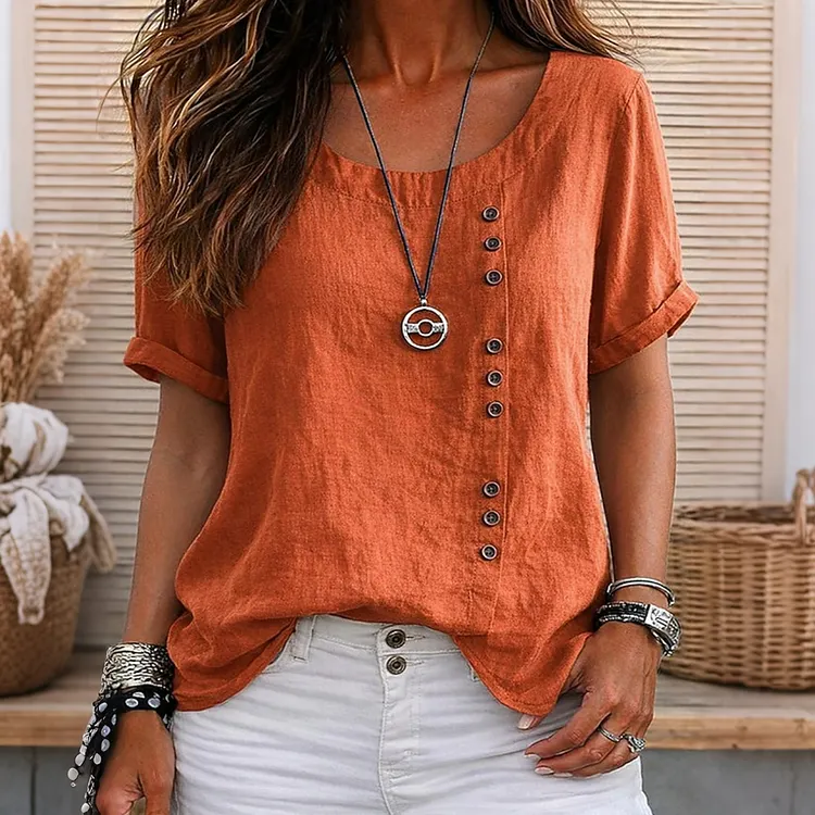 Women's Solid Color Round Neck Button Design T-shirt