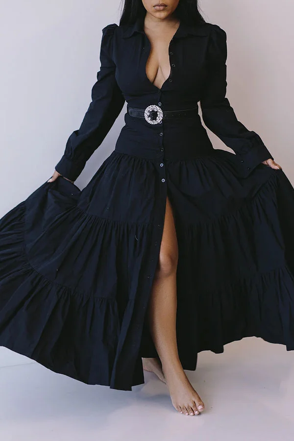 Black Polo Neck Feminine Layered Ruffles Maxi Dress