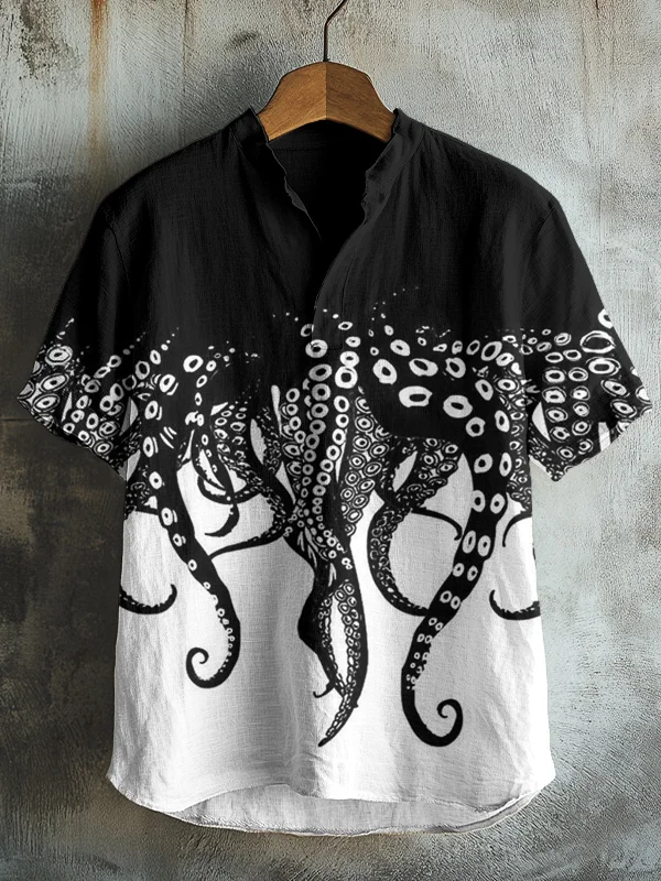 Men's Colorblock Fun Octopus Tentacles Print Casual V Neck T-Shirt