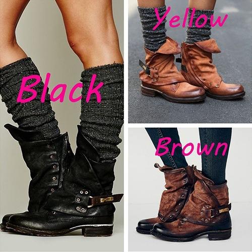 VCSHOES Leather Chunky Heel Buckle Round Toe Ankle Boots