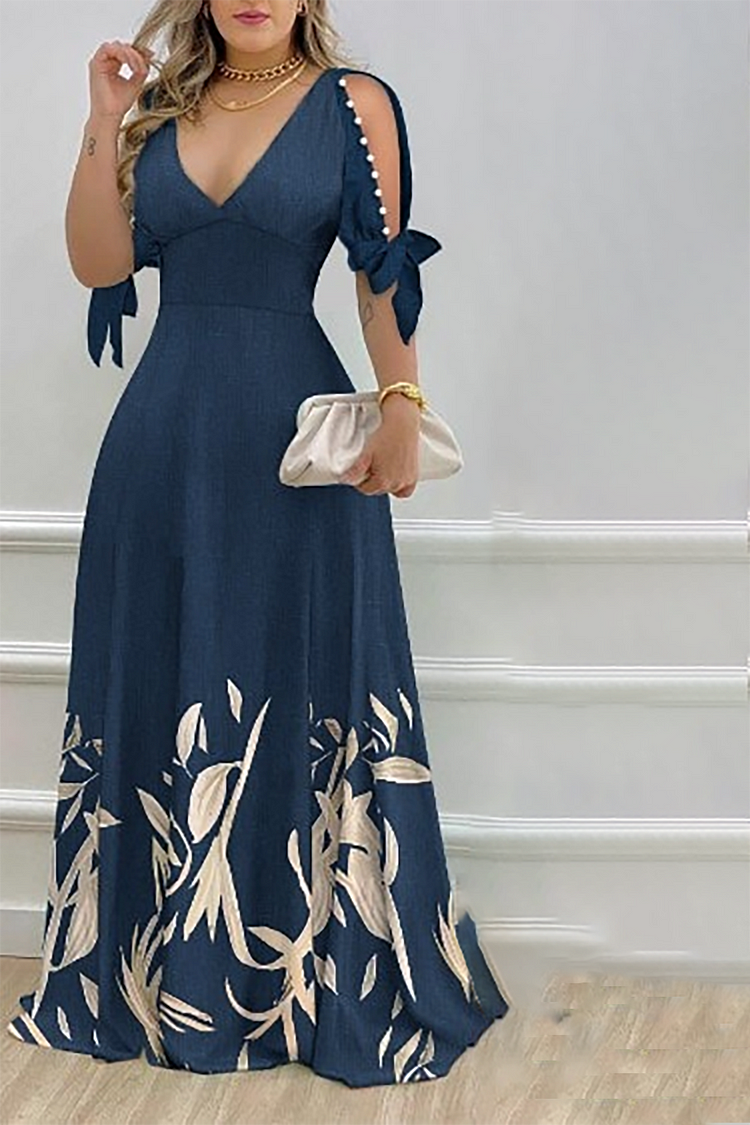 Plus Size Casual Dress Blue Print V Neck Pearl Bow Split Sleeve Maxi Dress