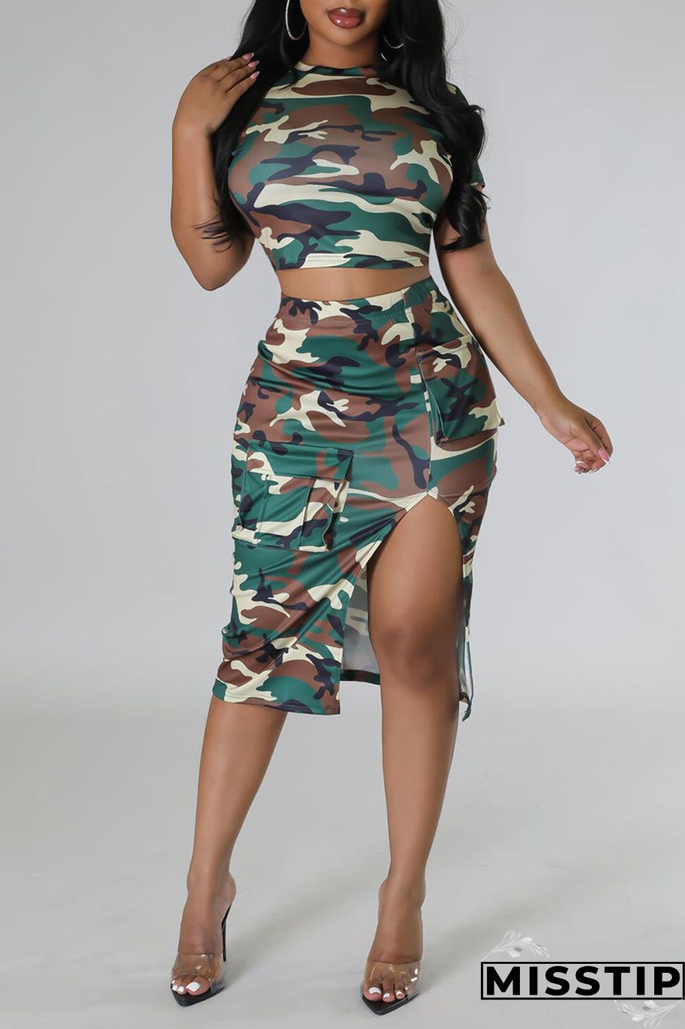 Coffee Casual Print Patchwork Slit O Neck Short Sleeve Two Pieces