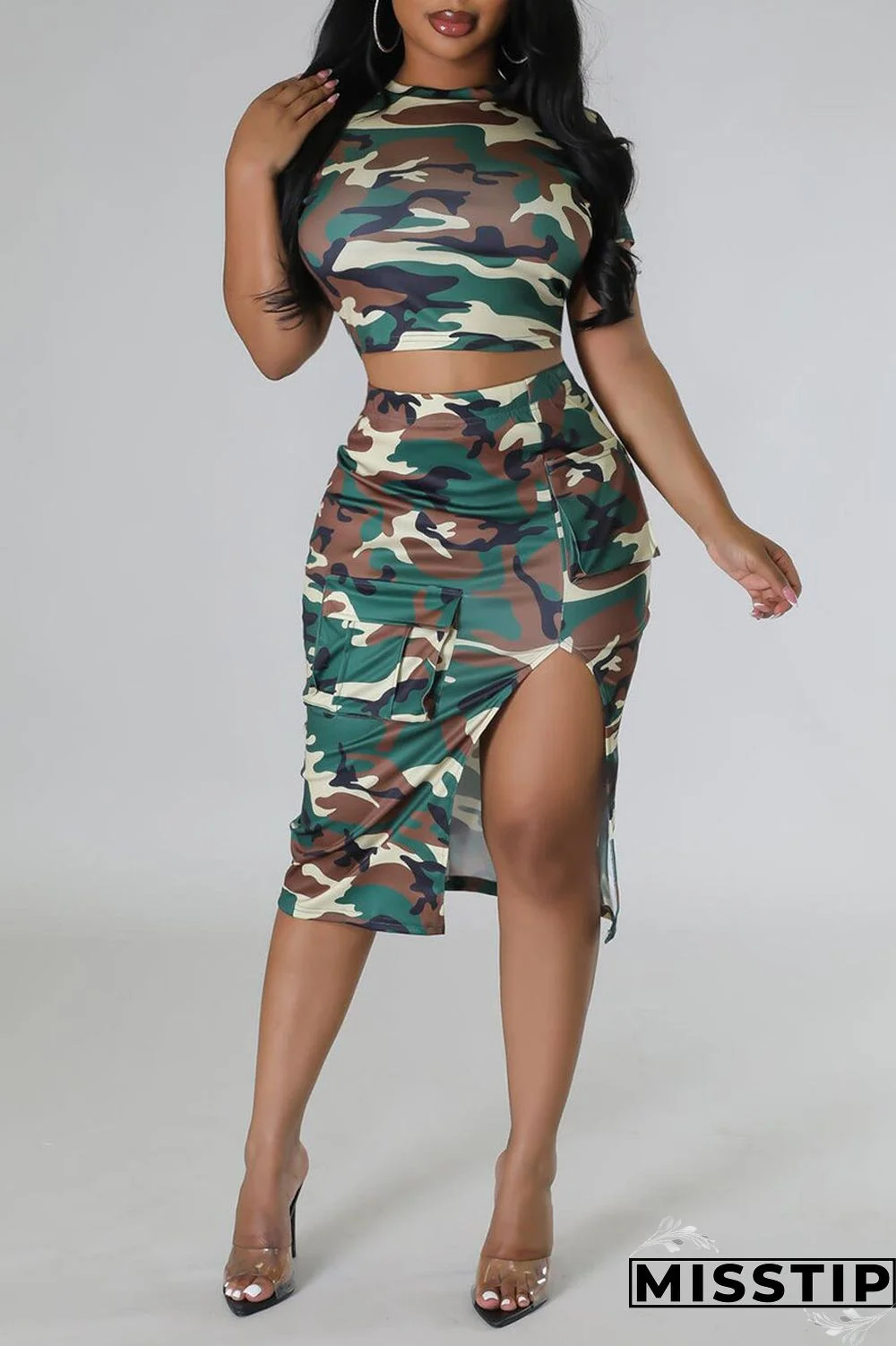 Coffee Casual Print Patchwork Slit O Neck Short Sleeve Two Pieces