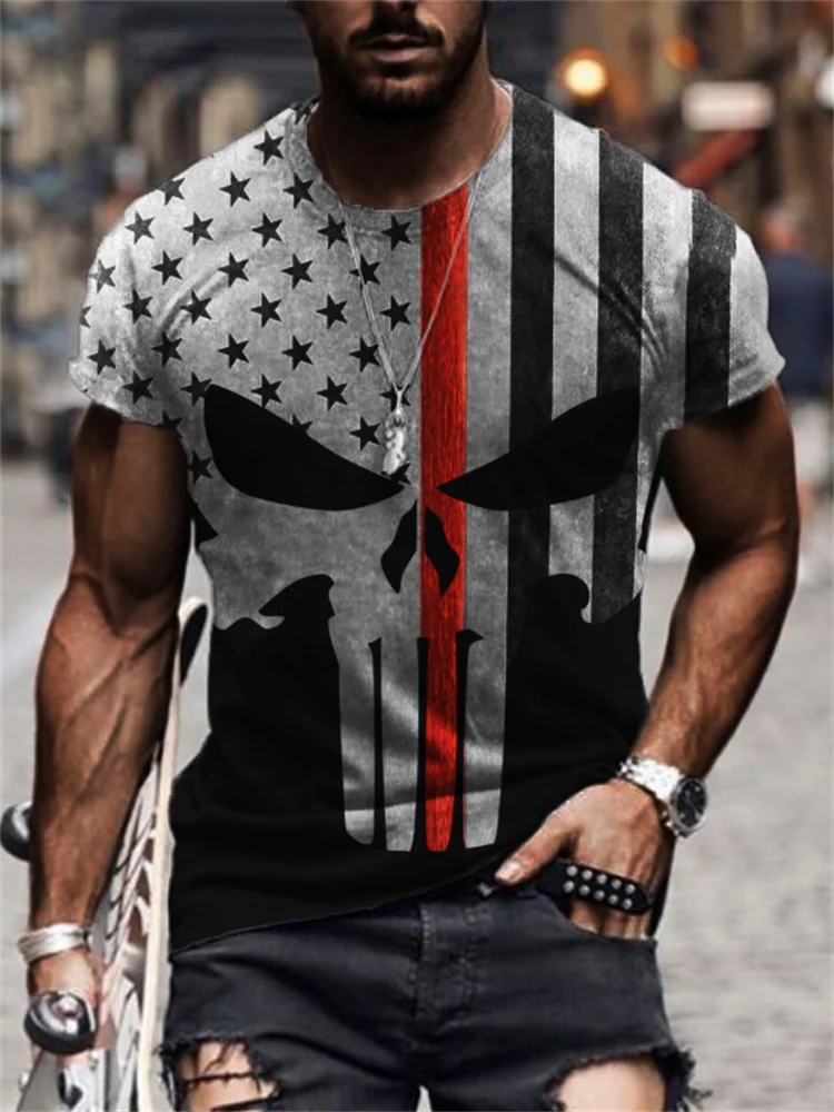 BrosWear Men's American Flag Inspired Skull Contrast T Shirt