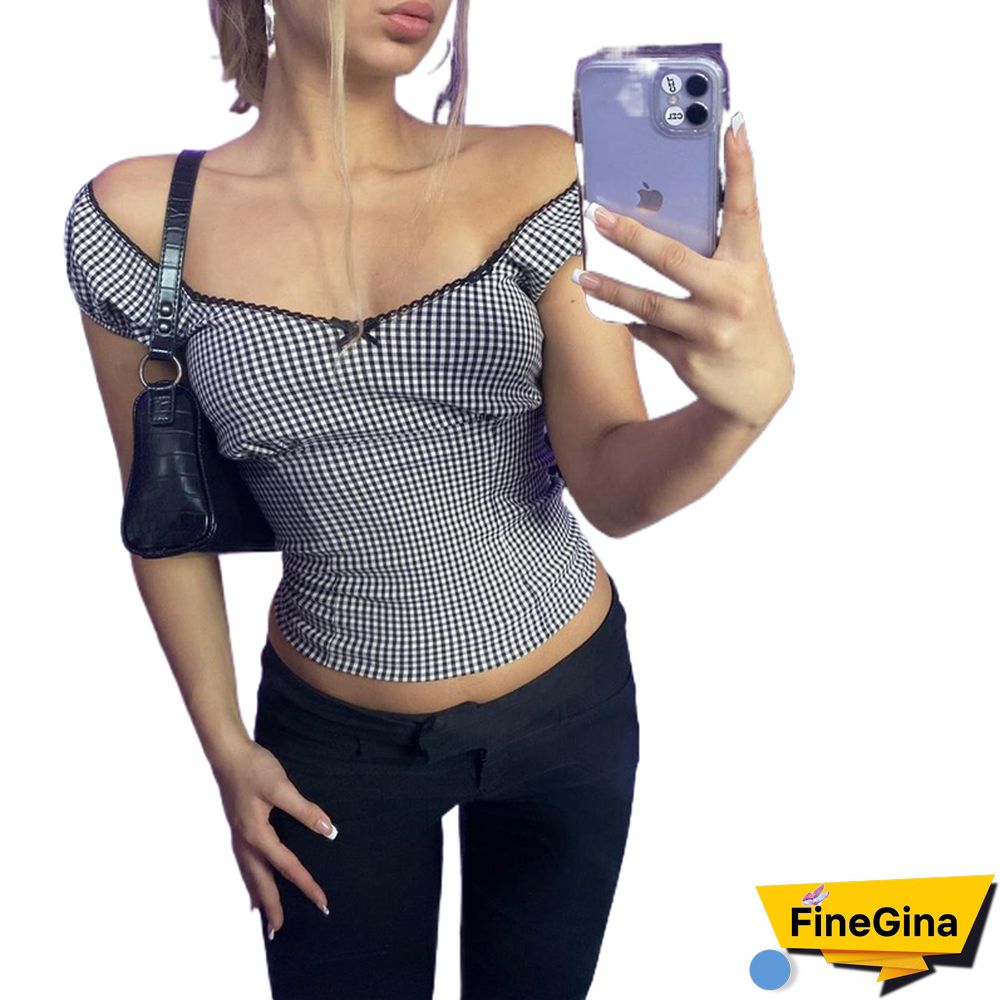 Y2k Fairy Grunge Plaid Crop Tops Women Vintage Aesthetic Short Sleeve Off Shoulder Tee Shirt Summer Fairycore Clothes