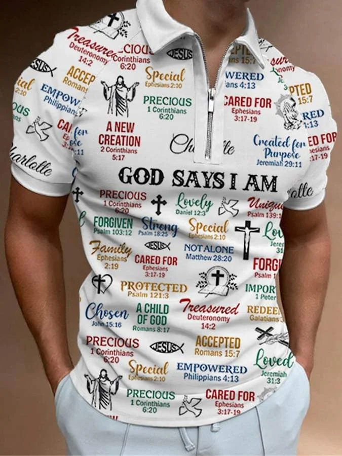 Men's 'GOD SAYS I AM' Printed Short Sleeved Polo Shirt at Hiphopee