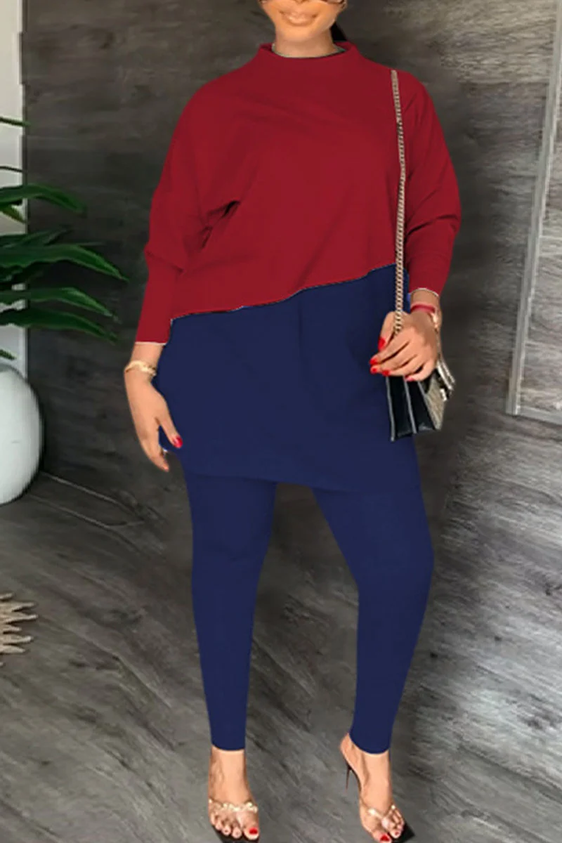 Purplish Red Casual Solid Patchwork Slit O Neck Long Sleeve Two Pieces | EGEMISS