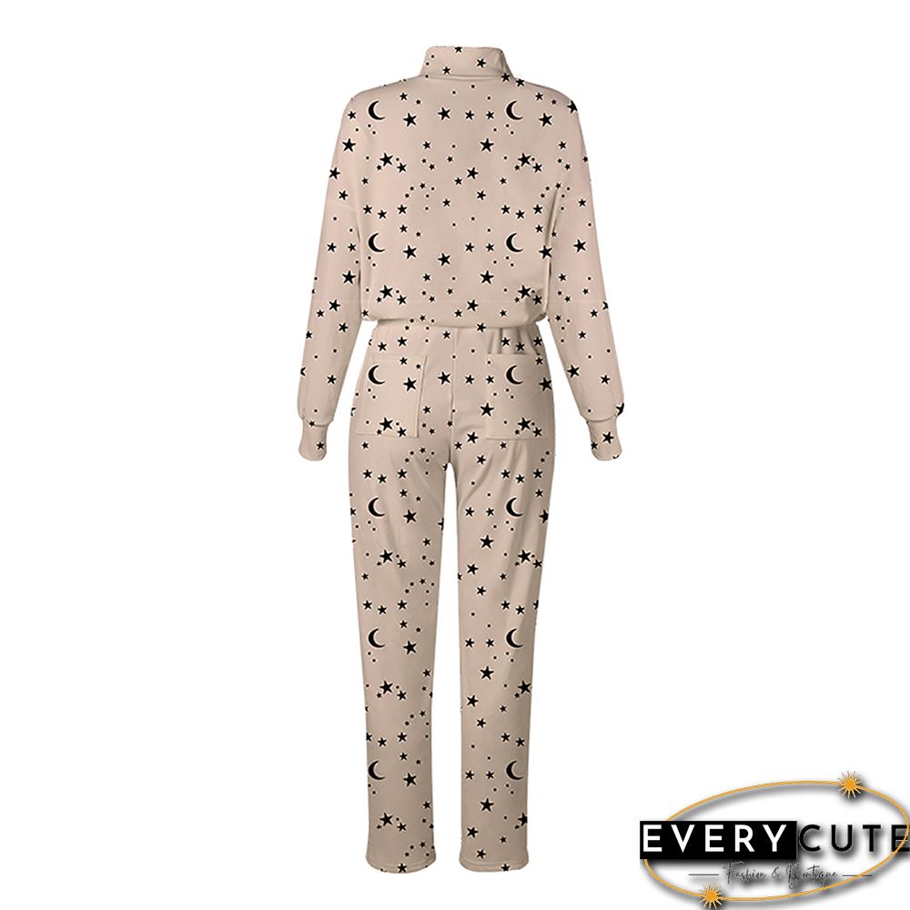 Khaki Stars Print High Collar Long Sleeve Top with Pant Set