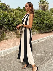 Iplaynox stylish dresses Women Chic Contrasting Striped Print Loose Long Dress Elegant Diagonal Collar Sleeveless Robes Summer Lady Holiday Vestidos 2025