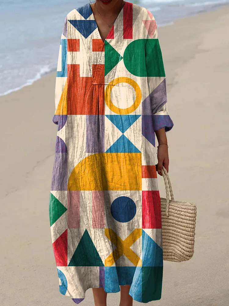 Women's Abstract Geometric Pattern Art Print Cotton Dress