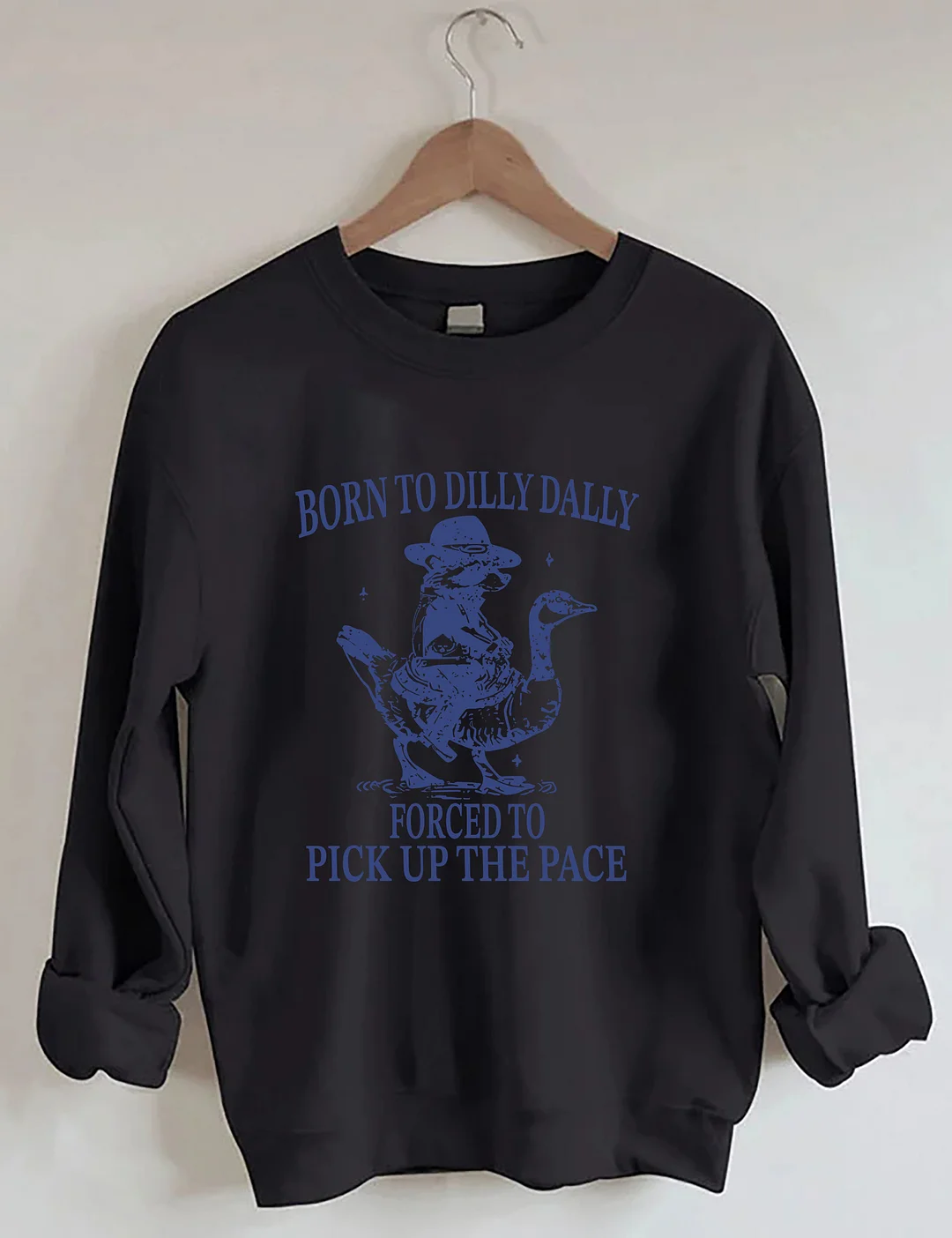 Born To Dilly Dally Forced To Pick Up The Pace Goose Raccoon Sweatshirt