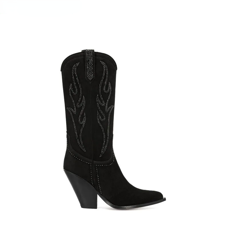 VCSHOES Women Crystal Black Suede Western Mid Calf Boots Wedge Heels Cowboy Cowgirl Boots Women Casual Shoes Woman