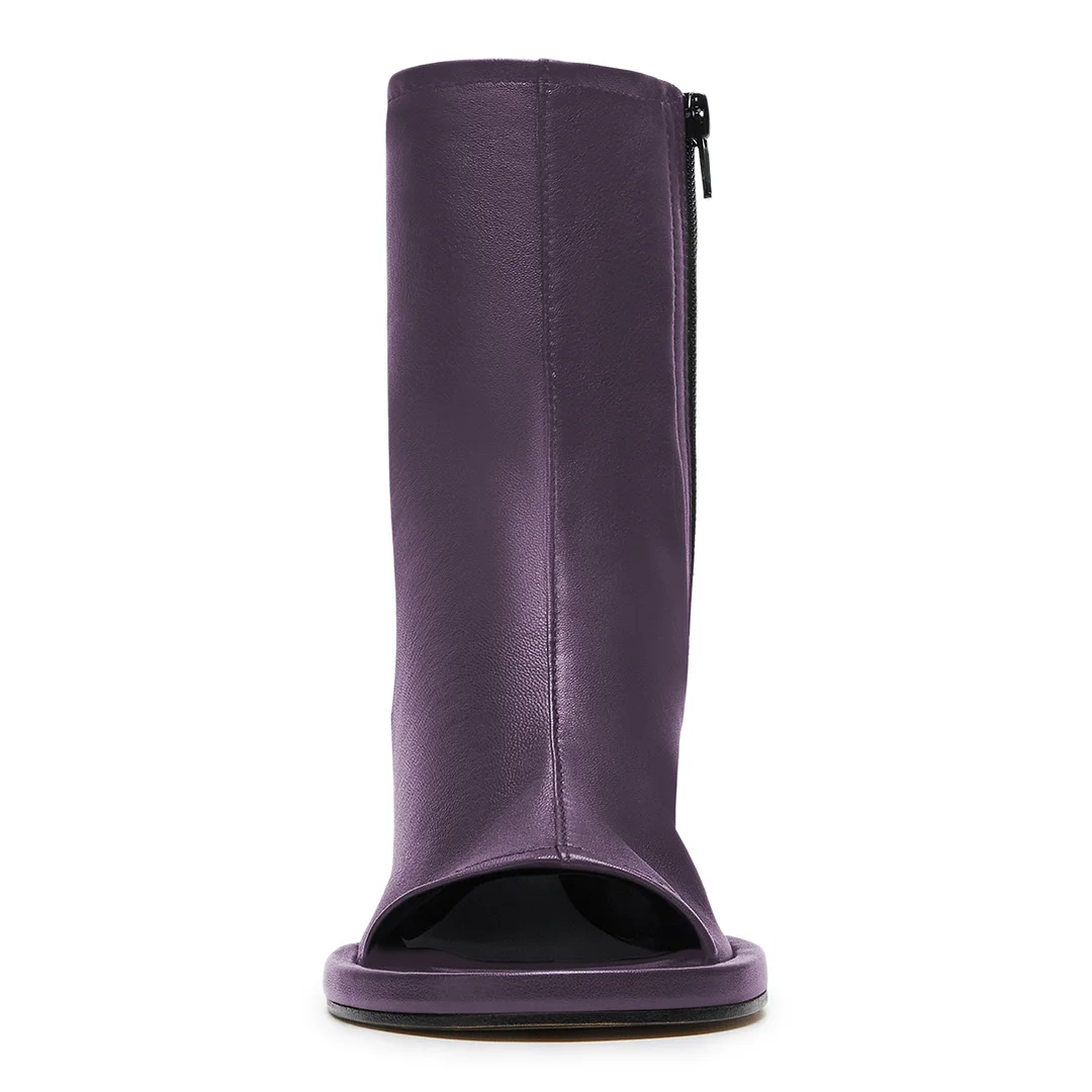 Purple Vegan Leather Open Toe Cut-Out Side-Zip Block Heel Boots   