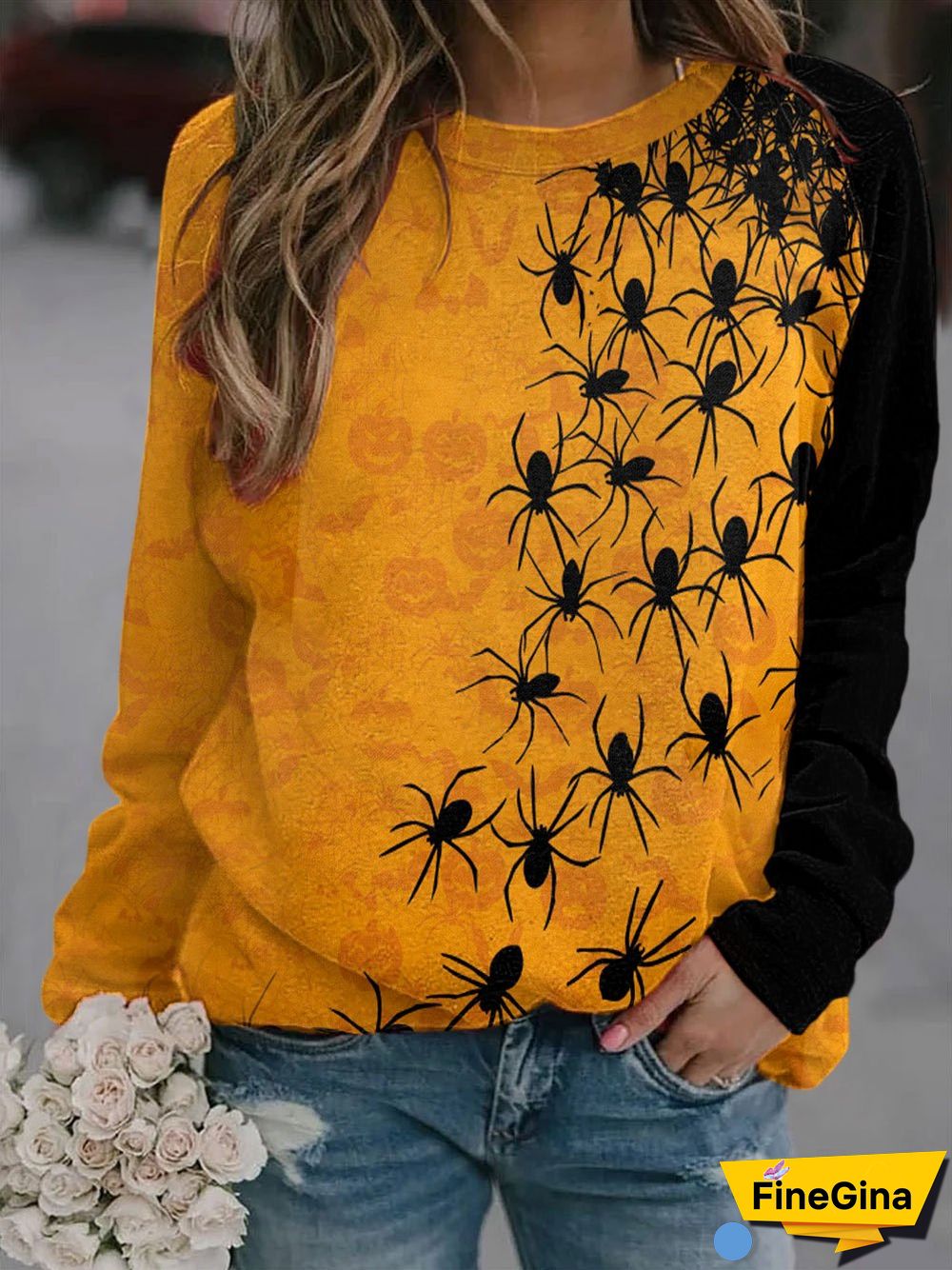 Women's Happy Halloween Spider Printed Round Neck Long Sleeve Sweatshirt