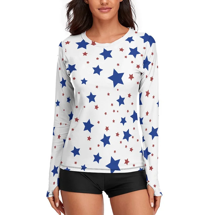 Women's Long Sleeve T-Shirt Stars Repeat Pattern Red And Blue customized, personalized, gift