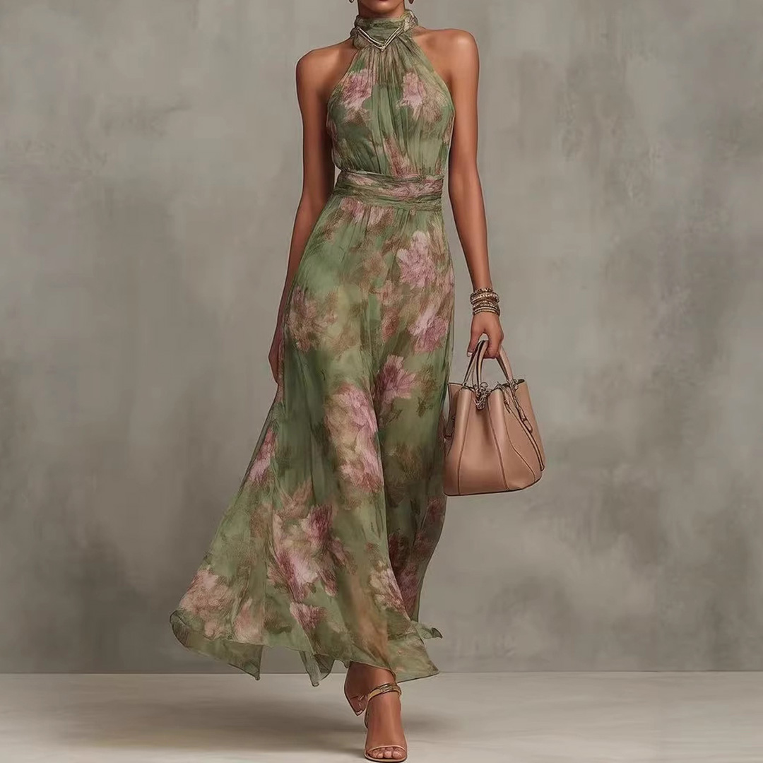 Women's Halter Neck Resort Printed Waist Slimming Dress elevenforest