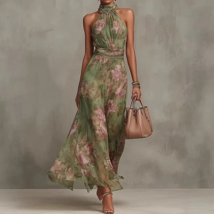 Women's Halter Neck Resort Printed Waist Slimming Dress