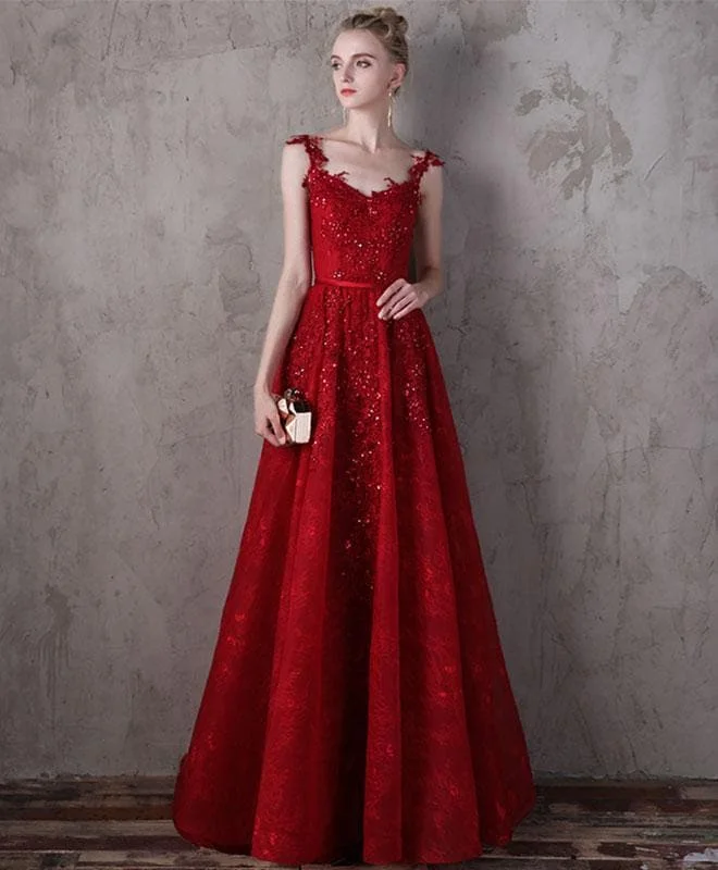 Stylish Burgundy Lace Long Prom Dress, Lace Evening Dress