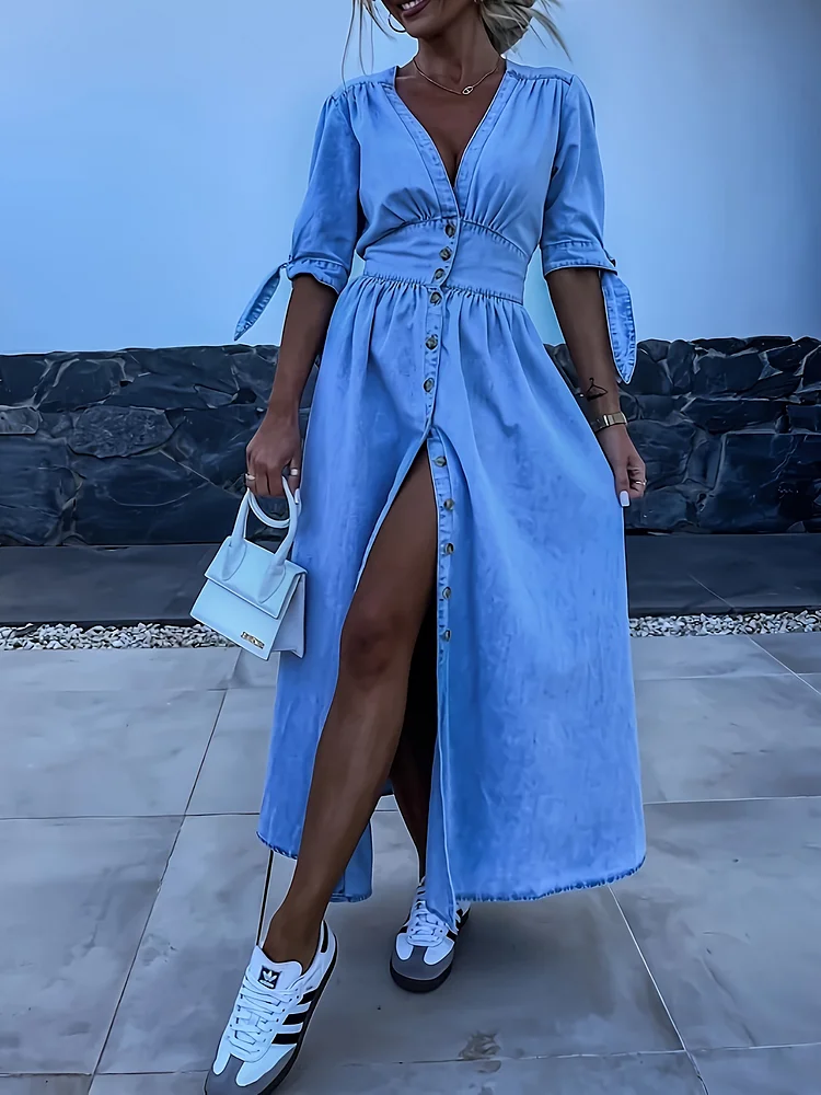 Women's Elegant Casual Chic V-Neck Button Front Dress - Long Ankle Length, Blouse-Like Structure For Office, Party, Everyday Outfits - Machine Washable Non-See-Through Pants Dress, Chic Dress, Summer Wardrobe, Buttondown Design, Breathable Material